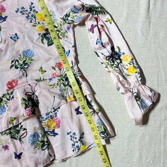 Pretty Little Thing Pale Pink Floral Butterfly Satin Peplum Blouse - Picture 6 of 9